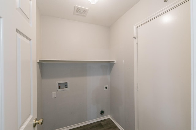 washroom featuring laundry area, visible vents, dark wood-style flooring, washer hookup, and electric dryer hookup