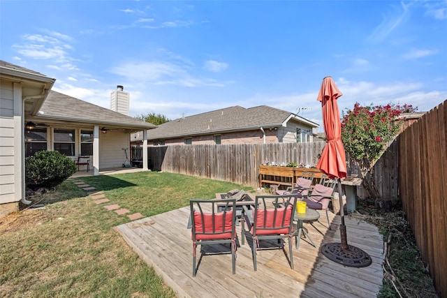 wooden deck featuring a fenced backyard, a lawn, and outdoor dining space