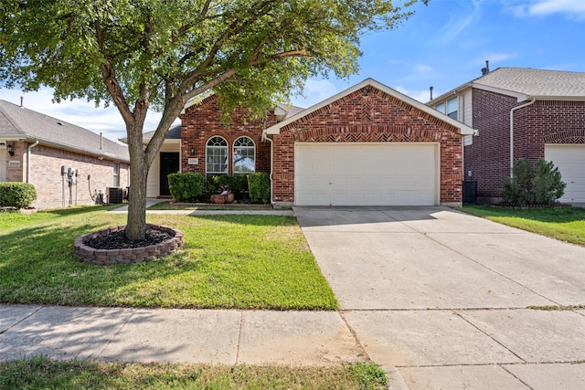 view of front of house featuring a front lawn, concrete driveway, brick siding, and an attached garage