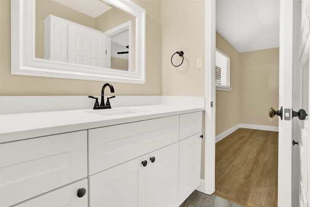 bathroom with hardwood / wood-style floors and vanity