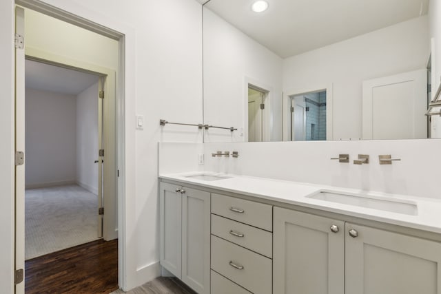 bathroom with vanity and hardwood / wood-style flooring