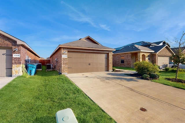 single story home with a front yard, a garage, and cooling unit