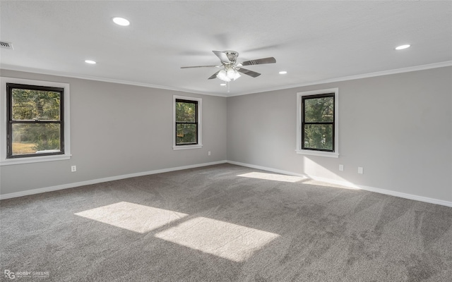 empty room featuring ceiling fan, carpet, and ornamental molding