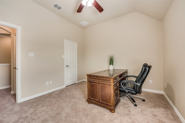 carpeted office featuring ceiling fan and lofted ceiling