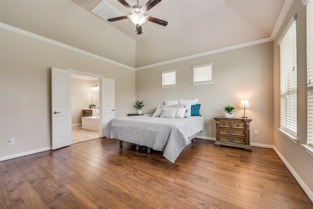 bedroom featuring wood-type flooring, connected bathroom, crown molding, and ceiling fan