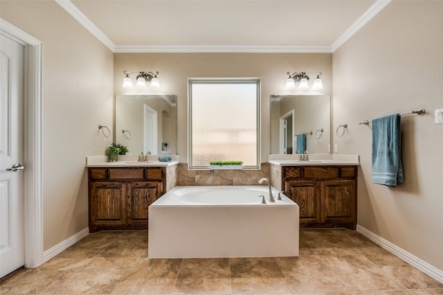 bathroom featuring a bath, vanity, and crown molding