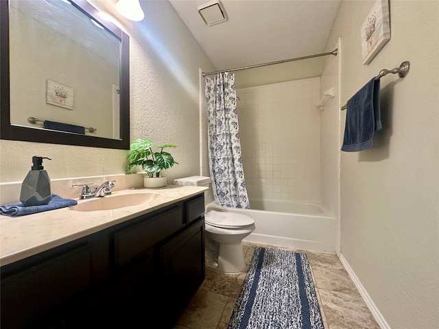 full bathroom with shower / bath combination with curtain, vanity, and toilet