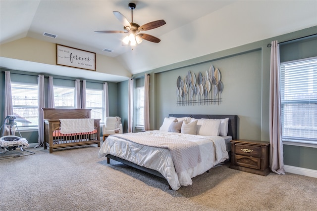 bedroom featuring ceiling fan, lofted ceiling, and carpet flooring