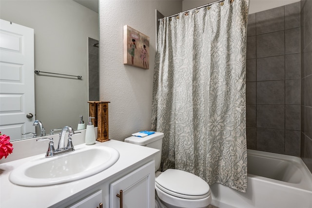 full bathroom featuring vanity, toilet, and shower / bathtub combination with curtain