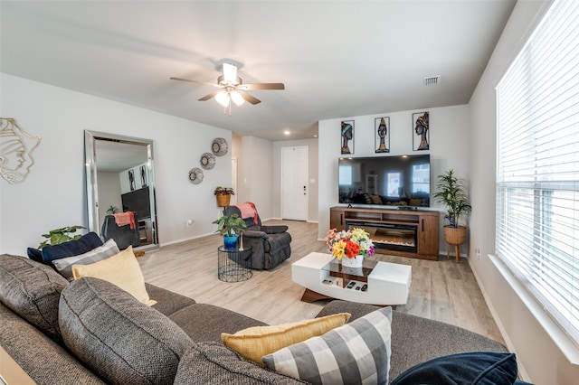 living room with ceiling fan and light wood-type flooring