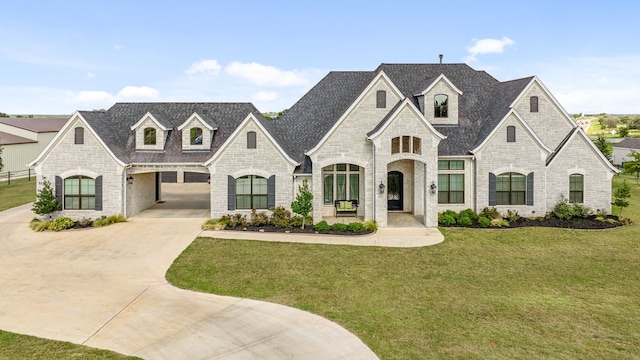 french country inspired facade with stone siding, a front lawn, brick siding, a shingled roof, and concrete driveway