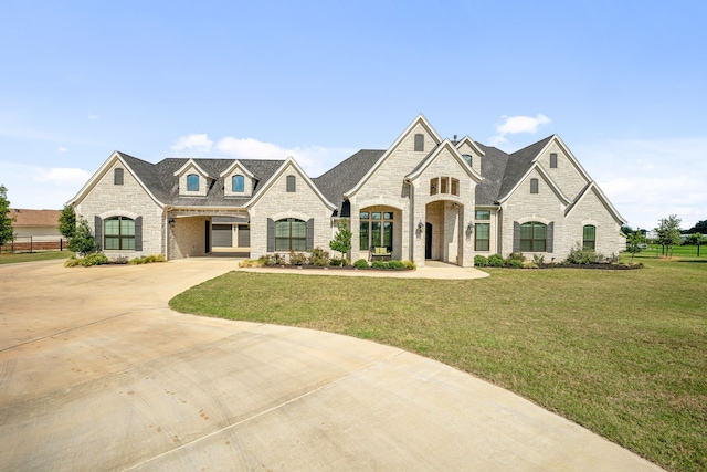 french country inspired facade featuring a front yard