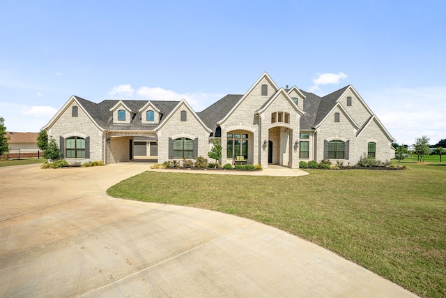 french country home with concrete driveway, a front yard, brick siding, and stone siding