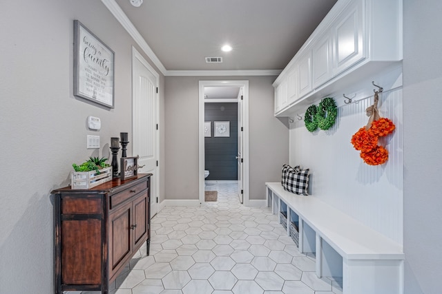 mudroom featuring ornamental molding