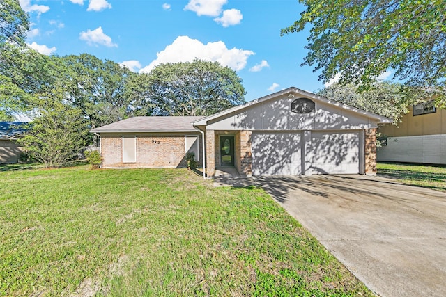 single story home with a garage and a front lawn