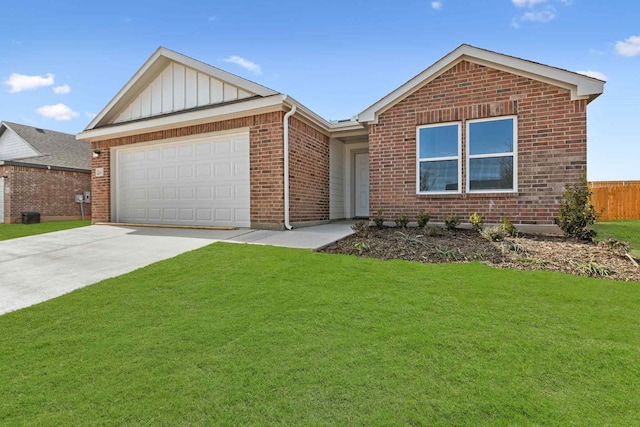 ranch-style house with a garage and a front lawn