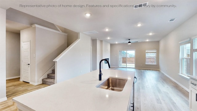 kitchen with a center island with sink, sink, light hardwood / wood-style flooring, ceiling fan, and white cabinetry