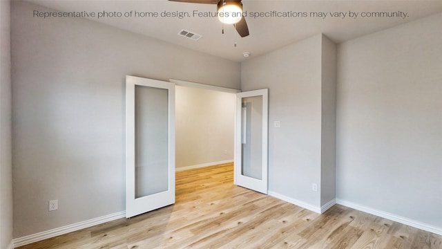 unfurnished bedroom with ceiling fan, light hardwood / wood-style floors, and french doors