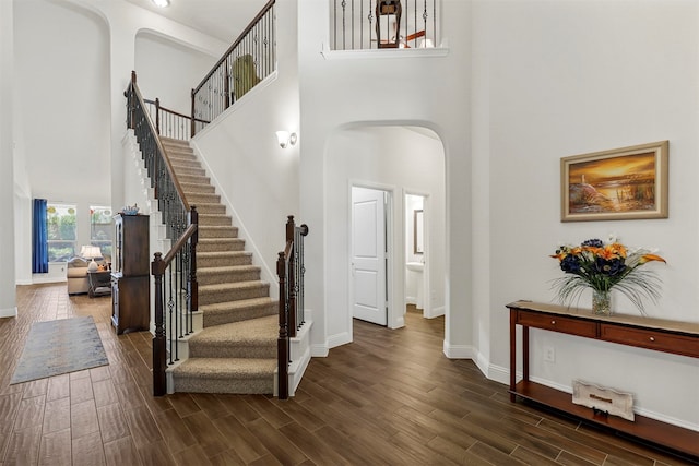 foyer entrance featuring a high ceiling and dark wood-type flooring