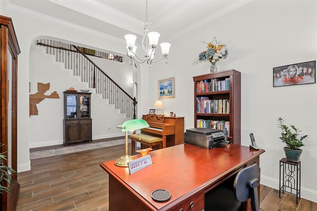 office featuring a notable chandelier, dark hardwood / wood-style floors, and crown molding