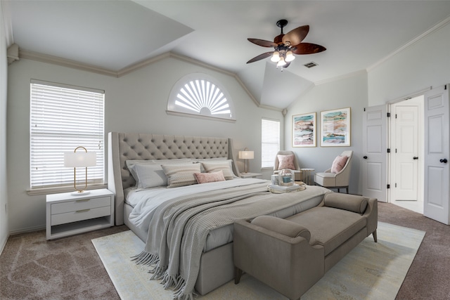 bedroom with ceiling fan, lofted ceiling, light carpet, and crown molding