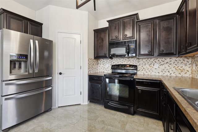 kitchen with decorative backsplash, black appliances, and dark brown cabinetry