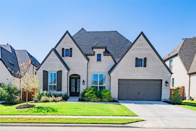 french country inspired facade featuring a garage, a front lawn, and french doors