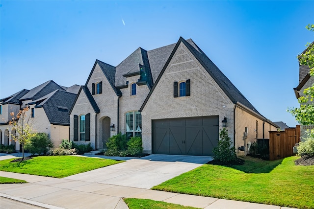 french provincial home featuring a garage and a front yard