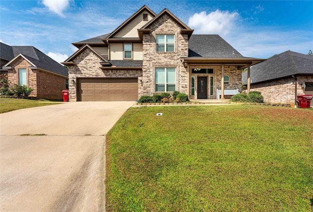 craftsman-style house with a front yard and a garage