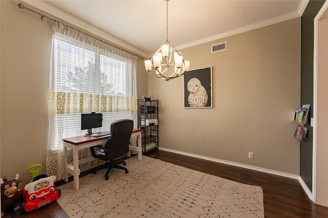 office featuring an inviting chandelier, dark hardwood / wood-style floors, and ornamental molding