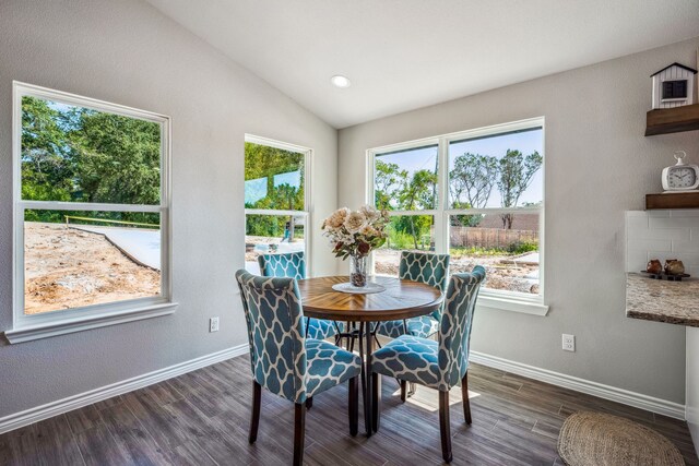 dining room featuring dark hardwood / wood-style floors and vaulted ceiling