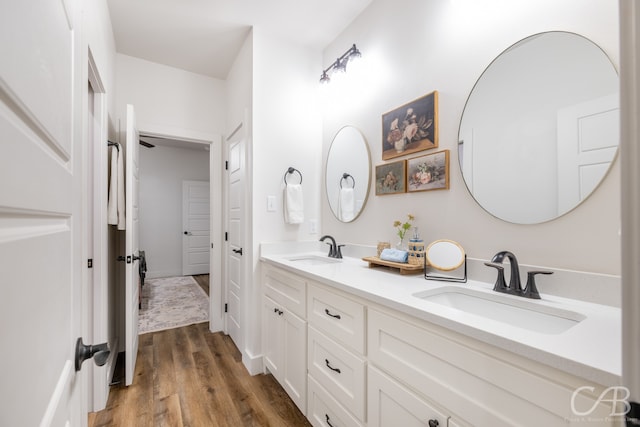 bathroom featuring vanity and hardwood / wood-style floors