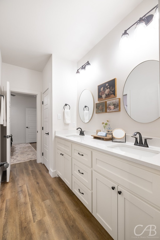 bathroom with wood-type flooring and vanity