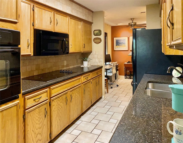 kitchen featuring backsplash, black appliances, sink, ceiling fan, and light tile patterned flooring