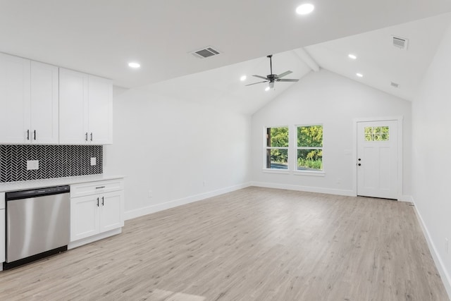 kitchen featuring ceiling fan, stainless steel dishwasher, white cabinetry, light wood-type flooring, and decorative backsplash