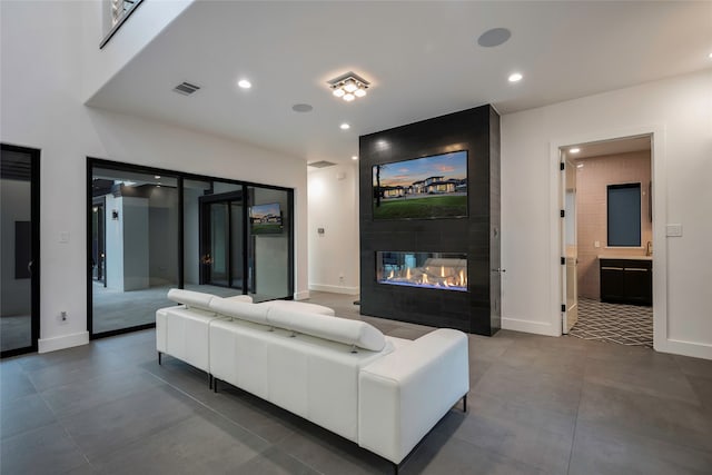 living room with a fireplace