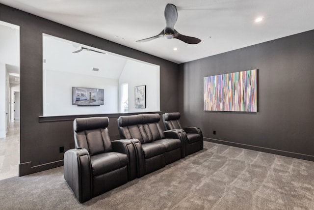 1644 Aster Way, Celina, TX 75009 - carpeted home theater with a ceiling fan, recessed lighting, vaulted ceiling, and baseboards