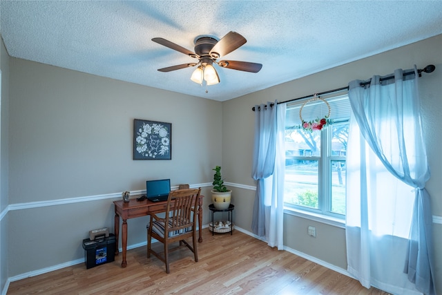 office space featuring ceiling fan, a textured ceiling, and light wood-type flooring