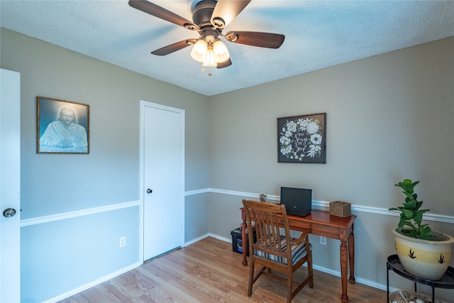 home office featuring ceiling fan, a textured ceiling, and light hardwood / wood-style flooring