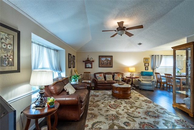 living room featuring vaulted ceiling, ceiling fan, dark hardwood / wood-style floors, and a textured ceiling