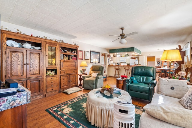 living room with ceiling fan and hardwood / wood-style floors