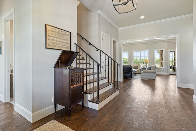 entrance foyer with ornamental molding and dark hardwood / wood-style flooring