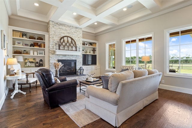 living room with beam ceiling, coffered ceiling, a fireplace, dark hardwood / wood-style flooring, and built in features