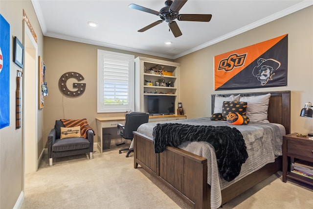 bedroom with ceiling fan, light carpet, and ornamental molding