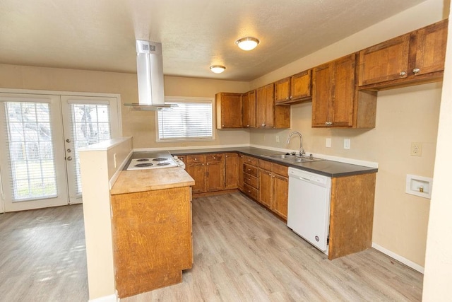 kitchen with light hardwood / wood-style floors, white appliances, sink, and range hood