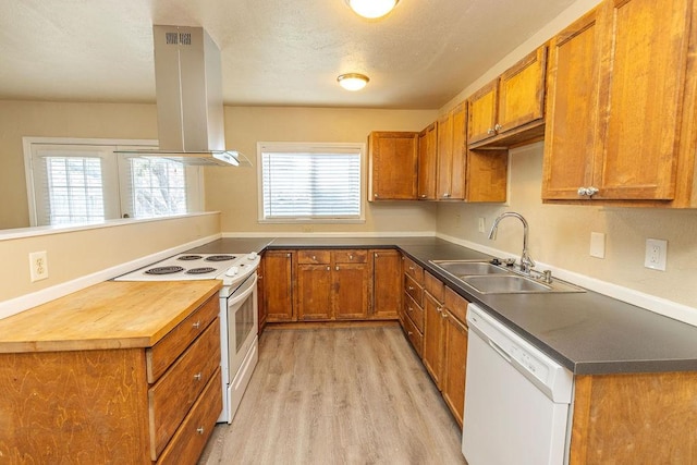 kitchen with light hardwood / wood-style floors, island range hood, white appliances, and sink