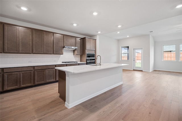 kitchen with appliances with stainless steel finishes, light hardwood / wood-style flooring, tasteful backsplash, sink, and a center island with sink