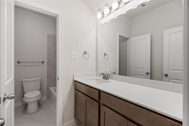 full bathroom featuring vanity, tile patterned floors, washtub / shower combination, and toilet