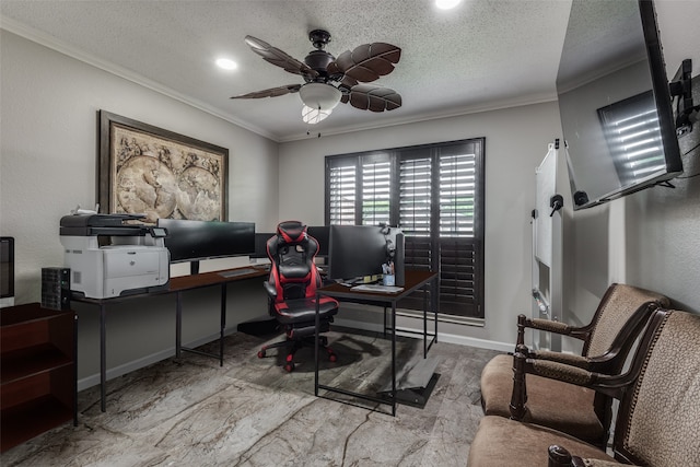 office area with a textured ceiling, ceiling fan, and crown molding