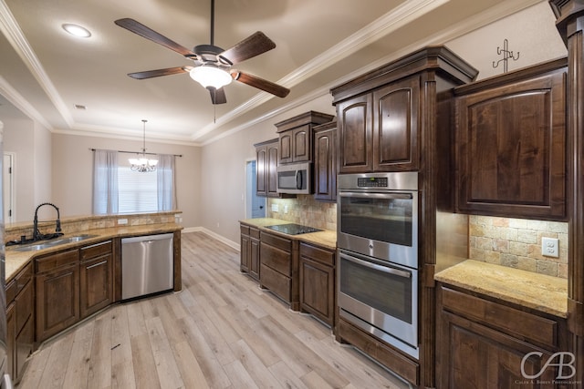 kitchen featuring dark brown cabinetry, hanging light fixtures, light hardwood / wood-style flooring, stainless steel appliances, and ceiling fan with notable chandelier